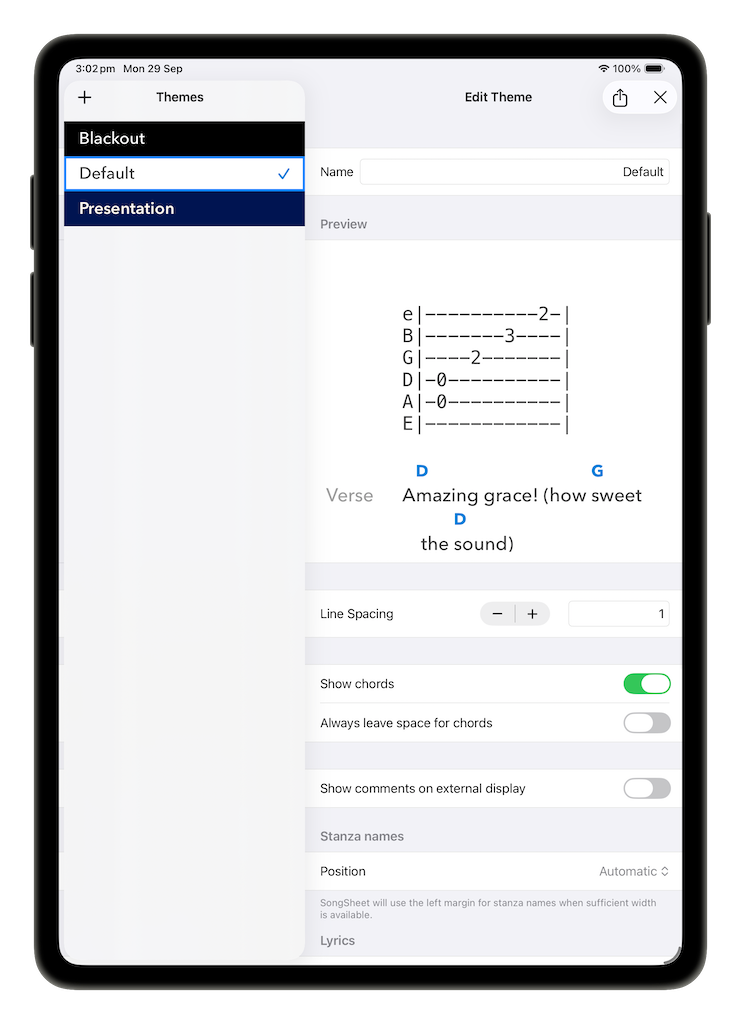 SongSheet Pro theme list and editor layout